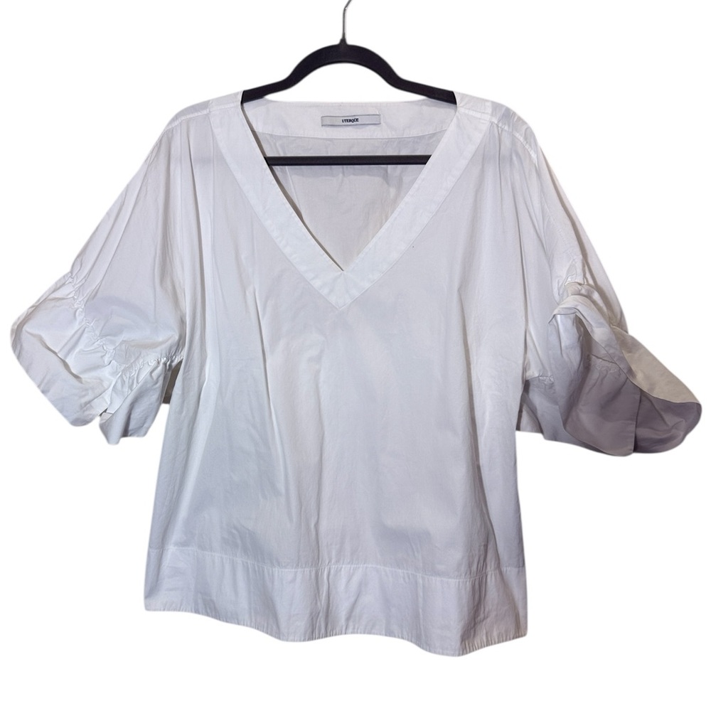 Uterque Women’s White Cotton Ruffle Normcore Top sz M